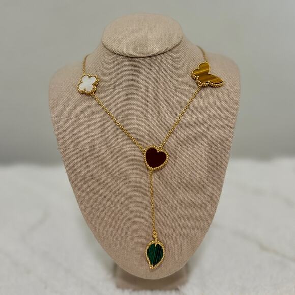 18K Gold Multi-Charm Necklace Clover, Heart, Butterfly & Leaf  (item #181) - Picture 1 of 7